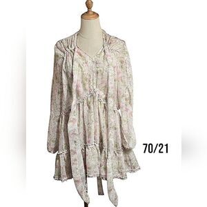 70/21 Brand Pink And Green Floral Sheer Ruffle Tie Dress Top